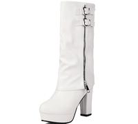 Smilice Bottes mi-longues avec jambières | Bottes tendance pour femme pour l'hiver pour femme, talon 9,5 cm, plateforme 2,5 cm, chaud, Blanc., 38 EU