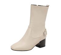 Smilice Bottines à talon épais pour femme | Talon bloc de 5,5 cm et petit embout carré avant | Hauteur de la tige de 19,5 cm avec doublure en peluche | Fermeture éclair sur le côté, Blanc., 44 EU