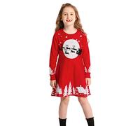 SMILING PINKER Robe Filles Pull À Manches Longues Tricoté Noël Sweater Robes Renne Patronage(5-6ans,Rouge)