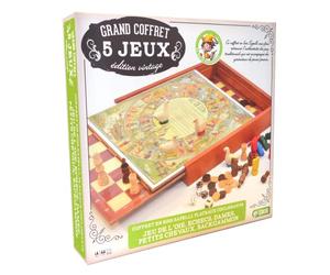 Smir - Coffret Sapelly en Bois - 5 Jeux Traditionnels Vintage - Jeu de l’Oie - Petits Chevaux - Echecs - Backgammon - Dames - Plateaux coulissants & réversibles