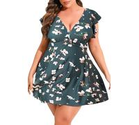 Smismivo Maillot de bain une pièce gainant pour femme - Grande taille - Maillot de bain amincissant à volants, Motif floral vert foncé., XX-Large plus