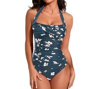 Smismivo Maillot de Bain Une pièce pour Femme Le contrôle du Ventre Push up Maillot de Bain Femme 1 Pieces Amincissante Slim Elégant Vintage Ruché Effet Halter Rembourré Swimsuit Fleurs Vert foncé