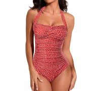 Smismivo Maillot de Bain Une pièce pour Femme Le contrôle du Ventre Push up Maillot de Bain Femme 1 Pieces Amincissante Slim Elégant Vintage Ruché Effet Halter Rembourré Swimsuit Le Point Rouge