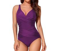 Smismivo Maillot de Bain Une pièce pour Femme Le contrôle du Ventre Push up Maillot de Bain Femme 1 Pieces Amincissante Slim Elégant Vintage Ruché Effet Halter Rembourré Swimsuit Noir