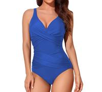 Smismivo Maillot de Bain Une pièce pour Femme Le contrôle du Ventre Push up Maillot de Bain Femme 1 Pieces Amincissante Slim Elégant Vintage Ruché Effet Halter Rembourré Swimsuit Noir