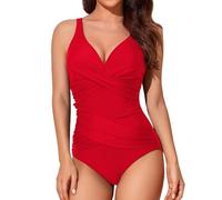 Smismivo Maillot de Bain Une pièce pour Femme Le contrôle du Ventre Push up Maillot de Bain Femme 1 Pieces Amincissante Slim Elégant Vintage Ruché Effet Halter Rembourré Swimsuit Vin Rouge