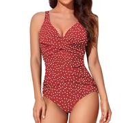 Smismivo Maillot de Bain Une pièce pour Femme Le contrôle du Ventre Push up Maillot de Bain Femme 18 Pieces Amincissante Slim Elégant Vintage Ruché Effet Halter Rembourré Swimsuit Vin Rouge