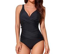 Smismivo Maillot de Bain Une pièce pour Femme Le contrôle du Ventre Push up Maillot de Bain Femme 21 Pieces Amincissante Slim Elégant Vintage Ruché Effet Halter Rembourré Swimsuit Vin Rouge