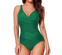 Smismivo Maillot de Bain Une pièce pour Femme Le contrôle du Ventre Push up Maillot de Bain Femme 24 Pieces Amincissante Slim Elégant Vintage Ruché Effet Halter Rembourré Swimsuit Vert Olive