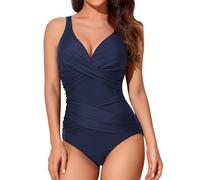 Smismivo Maillot de Bain Une pièce pour Femme Le contrôle du Ventre Push up Maillot de Bain Femme 26 Pieces Amincissante Slim Elégant Vintage Ruché Effet Halter Rembourré Swimsuit Vert Olive