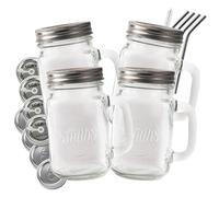 Smiths Mason Jars Lot de 4 bocaux en verre de 473 ml avec couvercles, pailles et poignées en métal - Idéal pour milkshake, limonade, café glacé et avoine de nuit