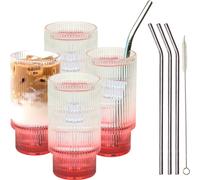 Smiths Mason Jars Pack de 4 verres striés de 16 onces avec paille, ensemble de verrerie - tasses à café glacé de 285 ml, gobelet strié de style origami pour cocktails, jus de fruits (rouge)