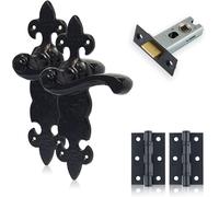 Smithy's Range Antique Black Fleur De Lis Lever Latch Set Full Set With Door Handles,65mm Tubular Latch And 75mm Hinges,Handle Set