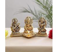 Smizzy - Idole de Ganesh Laxmi Saraswati en métal antique pour décoration d'intérieur | Idoles de dieu pour chambre Pooja Puja | Décoration indienne avec Diya | Doré