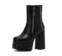 smlekwc Bottes Courtes en Cuir À Bout Rond pour Femmes Bottines À Plateforme À Talon Bloc Bottes Robe Rétro À Talons Hauts avec Fermeture Éclair Latérale,Noir,40 EU