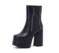 smlekwc Bottes Courtes en Cuir À Bout Rond pour Femmes Bottines À Plateforme À Talon Bloc Bottes Robe Rétro À Talons Hauts avec Fermeture Éclair Latérale,Bleu,42 EU