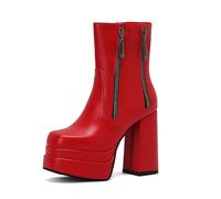 smlekwc Bottes Courtes en Cuir À Bout Rond pour Femmes Bottines À Plateforme À Talon Bloc Bottes Robe Rétro À Talons Hauts avec Fermeture Éclair Latérale,Rouge,36 EU