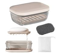 SMLOPLOM Boîte à savon de voyage, porte-savon double couche, design égouttoir, boîte à savon, contient 5 sacs en mousse et 1 tapis à savon, pour voyage, salle de bain, marron