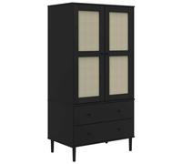 smnyxs Garde-Robe SENJA Aspect Rotin Noir 90x55x175 cm Bois Massif Pin | 2 tiroirs, 4 compartiments avec portes, vernis UV, résine tressée, fixation murale incluse