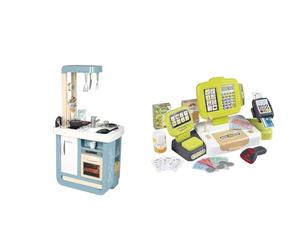 Smoby - Cuisine Bon Appétit - 23 Accessoires - 310824 & Grande Caisse Enregistreuse - 30 Accessoires - Balance Mécanique - Vraie Calculatrice + Scanner Son et Lumière - 350114