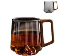 Smokey Gray Glass Slanted Coffee Cup with Wooden Handle, 450ml Heat Resistant Mug, Retro Mountain Bottom Design for Hot & Cold Drinks, Ideal for Coffee & Tea Lovers (Gray)