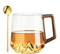 Smokey Gray Glass Slanted Coffee Cups with Wooden Handle,450ml Clear Glass Cup for Latte,Cappuccino,Hot & Cold Drinks,Creative Mountain Bottom Cup,Coffee Mug for Kitchen Gift (1 Pcs Clear)