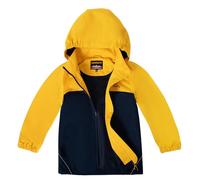 SMONTY Veste Imperméable pour Enfant Résistant au Vent Softshell à Capuche Veste Extérieure Respirante pour La Randonnée, Le Vélo et La Course à Pied(Jaune gris, 5-6 ans)