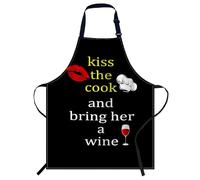 Smooffly Tablier de cuisine réglable Kiss the Cook and Bring Her a Wine - Tablier de cuisine unisexe pour homme et femme - Parfait pour la cuisine, la pâtisserie, le jardinage, le restaurant, le café,