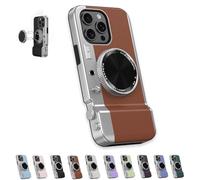 Smoohh Integrated Camera Phone Case, Integrated Mirror Magnetic Suction Camera Phone Case, Multifunctional Bluetooth Leather Phone Case(Brown,14 Pro Max)