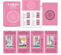 Smoostart Cartes Tarot Français Débutants avec Guide et Pochette 450 g/m² | 450g/m² résistant Rose. Chaque carte inclut des mots-clés, Oui/Non, Éléments, Planètes, Chakras. Pochette en velours premium