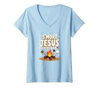 S'more Jésus Every Day - Inspiration chrétienne de feu de Camp T-Shirt avec Col en V, Femme, Bleu Céleste, L