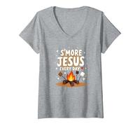 S'more Jésus Every Day - Inspiration chrétienne de feu de Camp T-Shirt avec Col en V, Femme, Gris Chiné, M