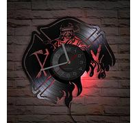Smotly Horloge murale en vinyle, horloge analogique motif pompier, veilleuse LED avec télécommande, décoration murale