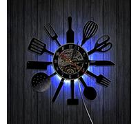 Smotly Horloge Murale en Vinyle, Horloge Murale à Motif d'ustensiles de Cuisine, Horloge Murale silencieuse avec Fonction veilleuse LED 7 Couleurs, Cadeau Parfait pour Les gourmands. (avec lumière)