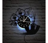 Smotly Horloge murale en vinyle, motif orchidée papillon, plante en pot vive, ne se décolore pas, horloge murale décoration de la maison, cadeau (avec lumière)