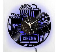 Smotly Horloge murale en vinyle, motif sur le thème du cinéma popcorn avec veilleuse LED, une horloge murale cadeau pour les amis qui aiment les films.