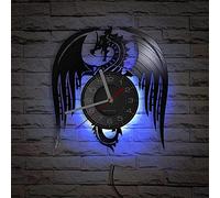 Smotly Horloge murale silencieuse en vinyle, thème de la bête mythique avec dragon volant et fonction veilleuse LED - Cadeau unique avec motif de la maison (avec lumière)