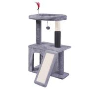 SMOUATOU Arbre à chat à trois couches avec niche à chat et griffoir, boules à ressort, pilier anti-démangeaisons, gris