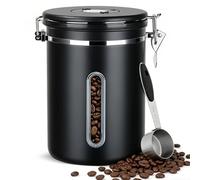 SMRONAR Boîte à café hermétique 2,8 l pour grains de café de 1 kg, récipient en acier inoxydable avec fenêtre, valve de sortie et molette de date, cuillère doseuse, boîte de conservation pour thé