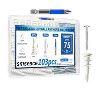 smseace Lot de 103 chevilles autoforeuses pour cloison sèche avec kit de vis, 51 vis autotaraudeuses #8-1-1/2", 51 ancrages pour cloison sèche, 1 foret pouvant supporter jusqu'à 34 kg