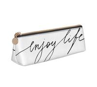 SMSJTMWHN Enjoy Life Trousse à crayons triangulaire en cuir écrit à la main avec texte noir pour stylos, cosmétiques, fournitures de bureau, boîte de rangement pour bureau, femme et homme