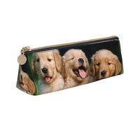 SMSJTMWHN Golden Retriever Trousse à crayons triangulaire en cuir avec imprimé chiens chiots animaux de compagnie Trousse à crayons Trousse à cosmétiques de bureau Organiseur de papeterie pour bureau