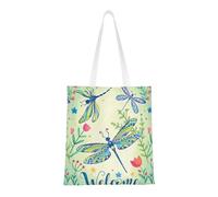 SMSJTMWHN Sac fourre-tout réutilisable en toile avec imprimé libellules et fleurs, sacs d'épicerie, sac à bandoulière, cadeau