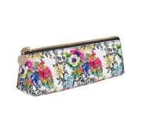 SMSJTMWHN Trousse à crayons triangulaire en cuir avec imprimé fleurs sauvages, oiseaux, feuilles, branches, trousse à crayons, trousse à cosmétiques, fournitures de bureau, boîte de rangement pour