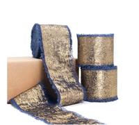 SMTCM Lot de 2 rouleaux de ruban en mousseline de soie bleu foncé scintillant doré - 4 cm x 5 m - À paillettes - Ruban décoratif de mariage - En tissu effiloché - Pour bouquet de fleurs, emballage,