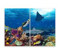 SMTDeco Protection plaque de cuisson, vitrocéramique, verre trempé, pour cuisinières électrique, à induction,planche à découper 2 x 35x52 cm Lot de 2. Récif Corail Bleu Océan (111506)