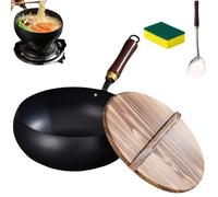 SMTSEC Poêle Japonaise Antiadhésive En Fonte, Poêle En Fonte Non Revêtue, Wok Forgé À La Main Avec Couvercle, Ustensiles De Cuisine 24/26/28 Cm Pour Cuisinières Plaques À Induction,Holzdeckel-24CM
