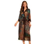 SMTSEC Robe de Chambre a Imprimé Floral pour Femme,Kimono en Satin Soyeux Grande Taille Chemise de Nuit Longue Confortable Ample Sexy Vêtements de Détente Chemise de Nuit Marron Bleu,Taille Unique