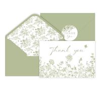 SMUAENSS Lot de 48 cartes de remerciement vertes avec enveloppes autocollantes, cartes de remerciement florales pour mariage, fête prénuptiale, anniversaire