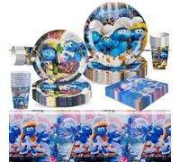 Smurfs - Lot de 51 pièces de vaisselle de fête - Schtroumpfs - Décoration d'anniversaire d'enfant - Avec assiettes en carton, tasse, nappe, serviettes, Schtroumpfs - Décoration de fête pour 10 invités